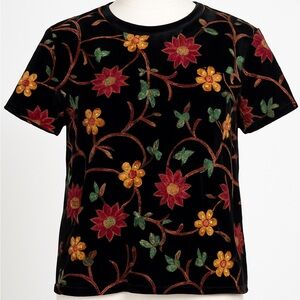 Velvet Floral Embroidered Boho Top Women’s Large Short Sleeve Festival Luxe
